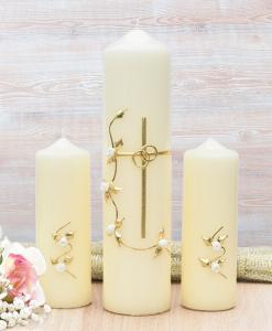 Gold Cross with White Roses Wedding Candle Set