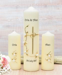 Gold Cross with White Roses Wedding Candle Set