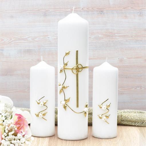 Gold Cross with White Roses Wedding Candle Set