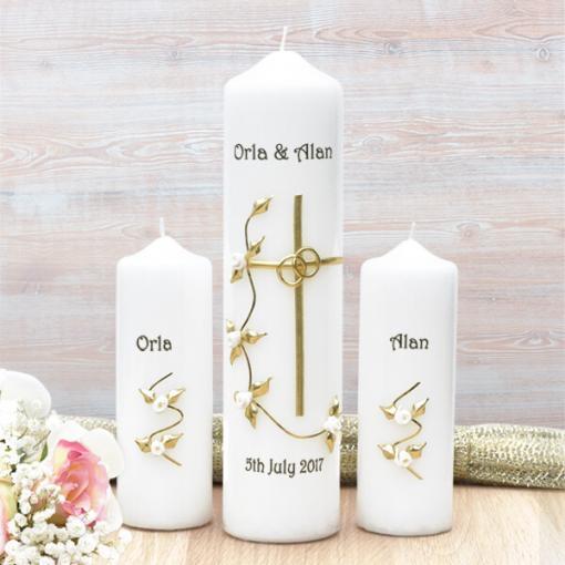 Gold Cross with White Roses Wedding Candle Set