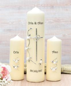 Silver Cross with White Roses Wedding Candle Set