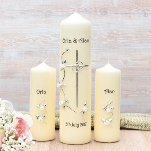 Silver Cross with White Roses Wedding Candle Set