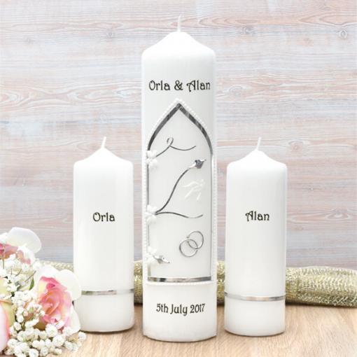 Silver Trinity Cross Wedding Candle Set