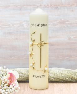 Gold Cross with White Roses Wedding Candle