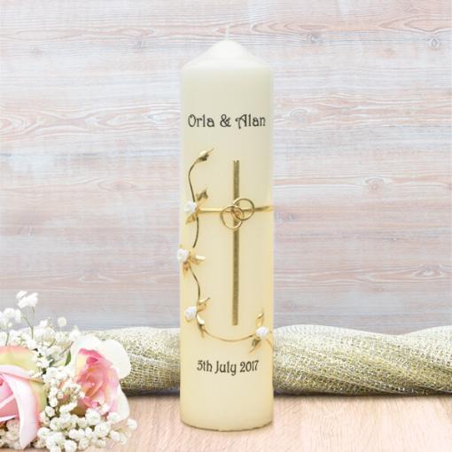 Gold Cross with White Roses Wedding Candle