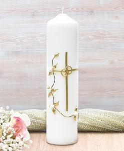 Gold Cross with White Roses Wedding Candle
