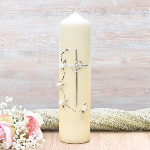 Silver Cross with White Roses Wedding Candle