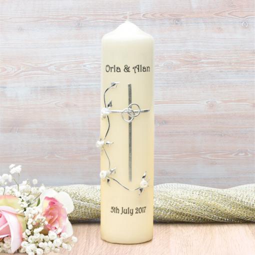 Silver Cross with White Roses Wedding Candle