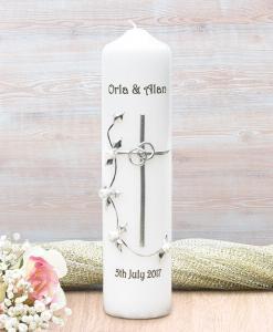 Silver Cross with White Roses Wedding Candle
